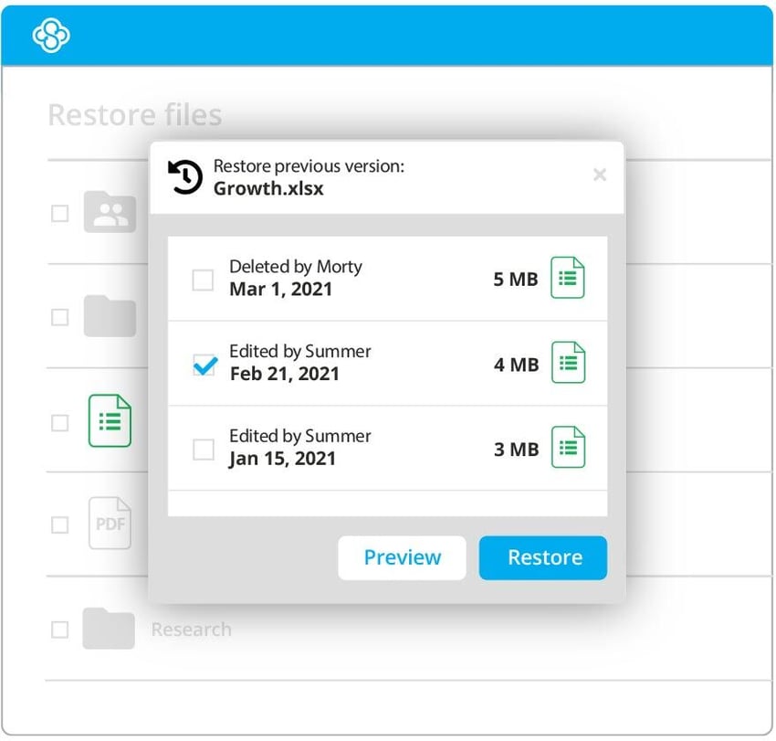 Keep your documents and files always backed up. Recover deleted files and previous versions easily.